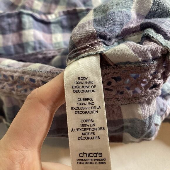 Chico's Women's Purple Gingham Linen Popover Top Size 3 XL Crochet Boho Tunic - Picture 10 of 13
